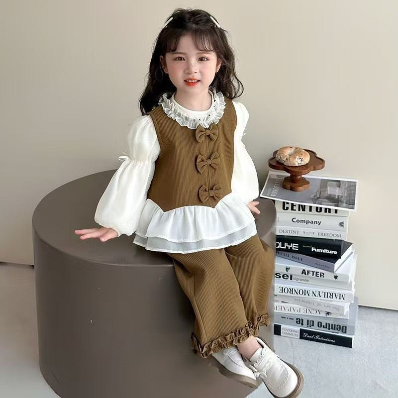 【dropshipping】girls' autumn outfit  new style kids' chic and fashionable vest baby children's clothing set three-piece set for girls
