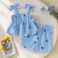 Baby girl blue and white pinstripe bowknot suspender top and shorts summer fresh outfit set