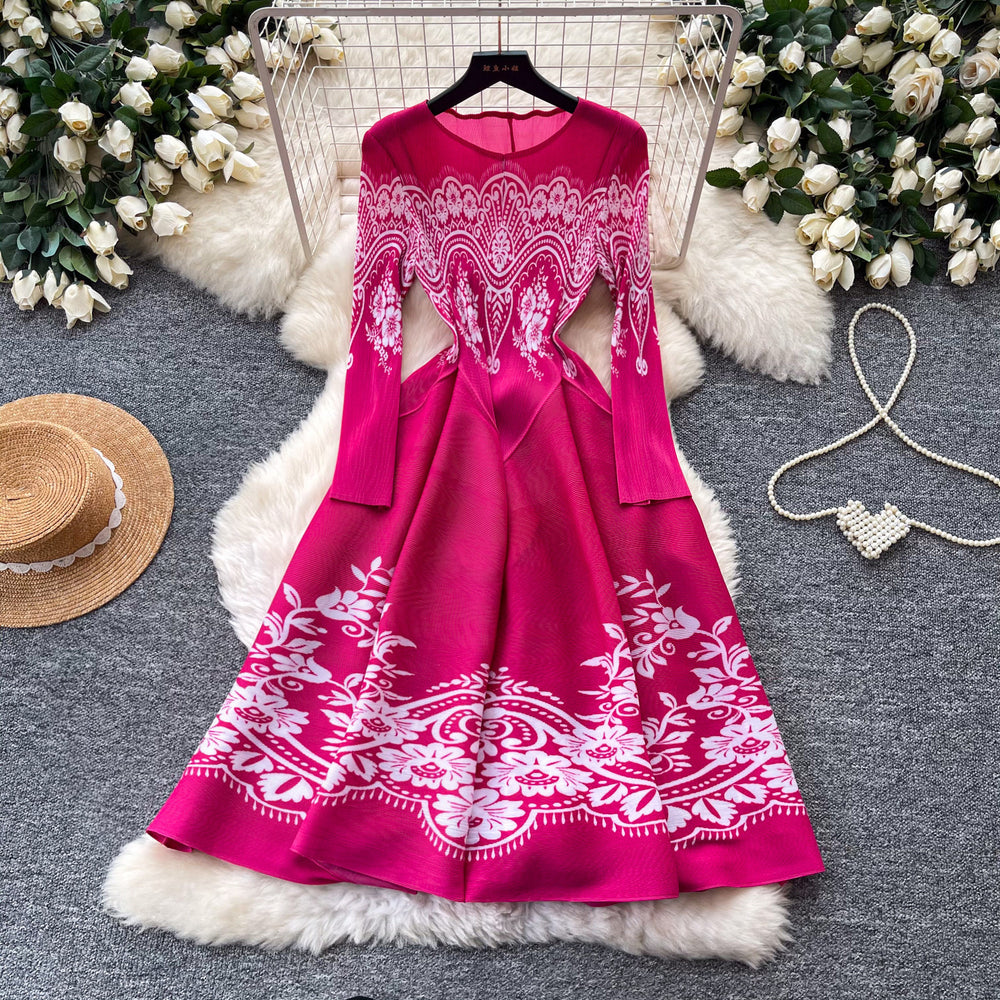 French romantic style printed stretch dress - women's summer long sleeve slim fit a-line dress - high-end commute dress