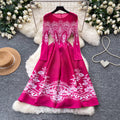 French romantic style printed stretch dress - women's summer long sleeve slim fit a-line dress - high-end commute dress