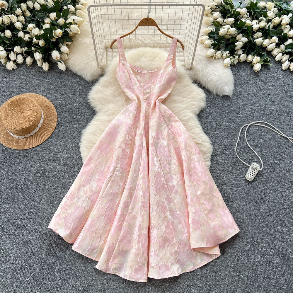 Palace retro jacquard dress dress for women summerfrench waist slimming lookelegant fluffy long skirt