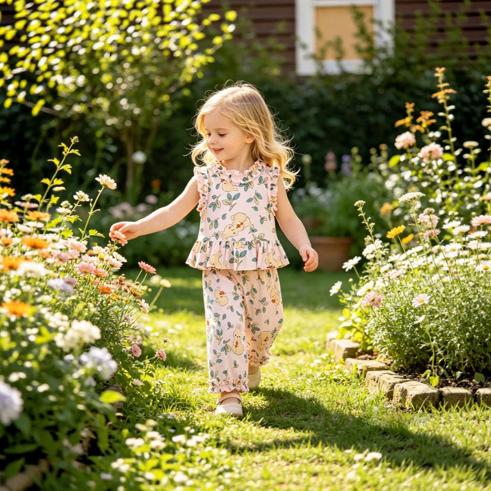 Girls' rayon outerwear set - cartoon print, loungewear, loose fit, breathable, cute summer lightweight lace pajamas