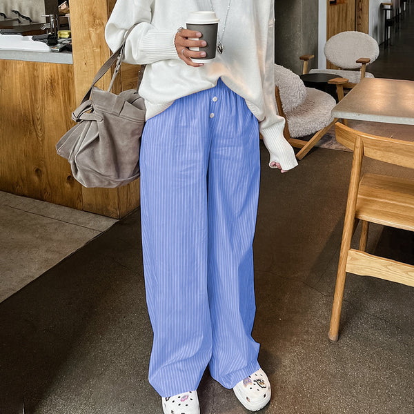 2025 summer street fashion blue striped trousers women's European and American  wide-leg trousers casual trousers design sense women's clothing