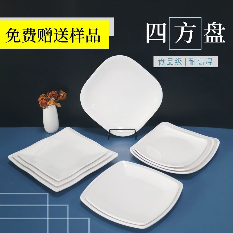 White square melamine dinnerware set - western style plates, fast food plates, covered fried rice/sauce dishes - wholesale for student cafeterias and dining halls