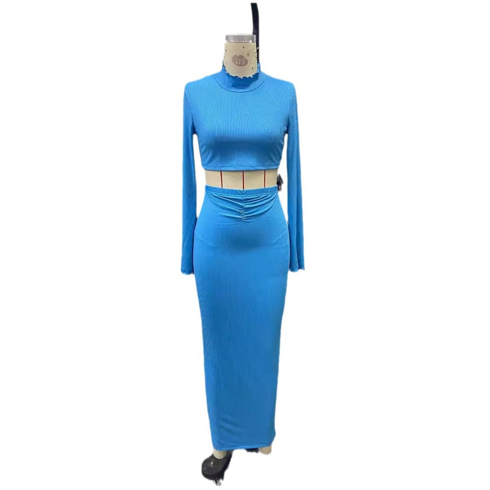 European and american  cross-border new arrival: elegant women's solid color cropped flare sleeve top and pleated maxi skirt two-piece set