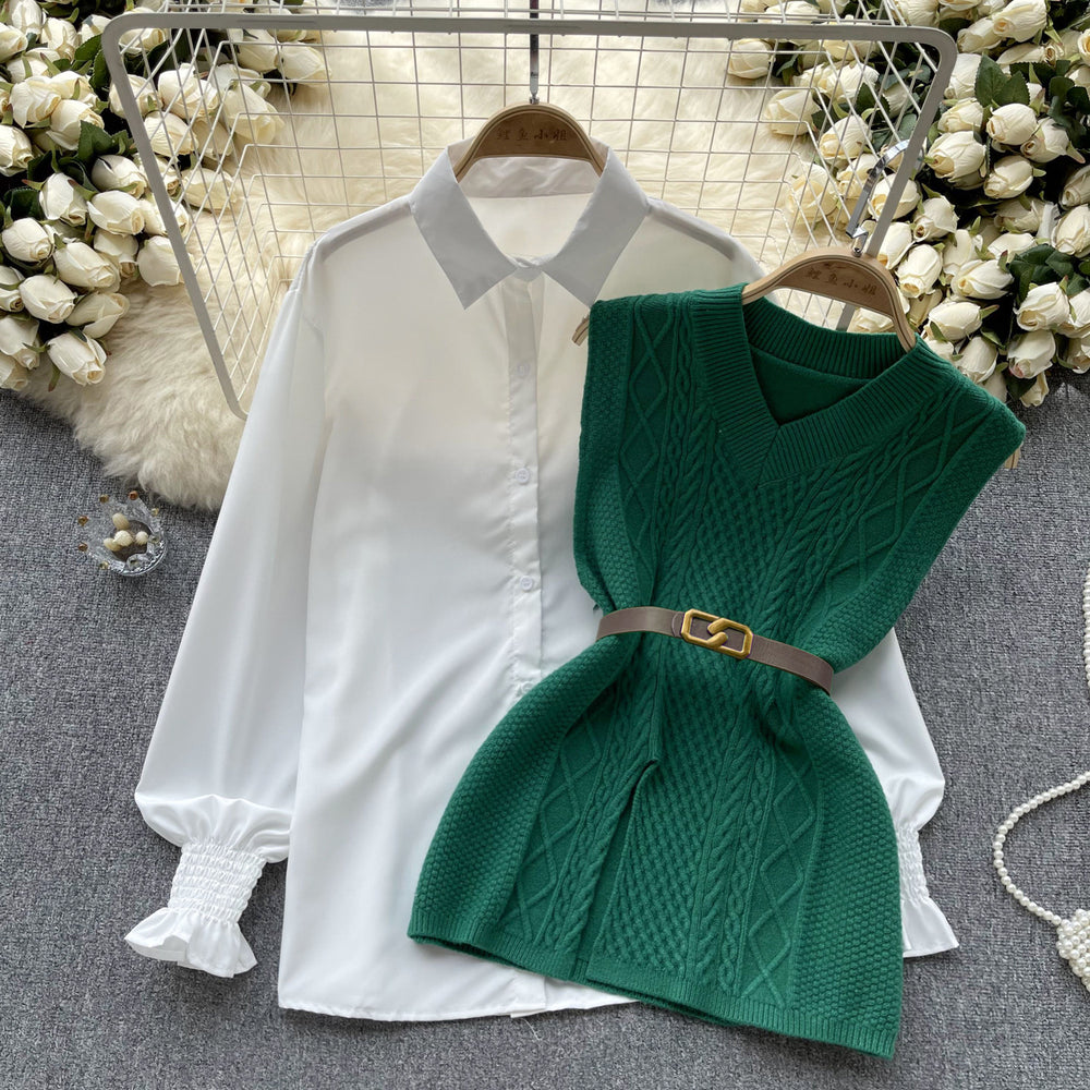 Korean style chic fashion set: women's casual loose long-sleeve shirt + cinched waist v-neck sleeveless knit vest two-piece outfit