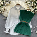 Korean style chic fashion set: women's casual loose long-sleeve shirt + cinched waist v-neck sleeveless knit vest two-piece outfit