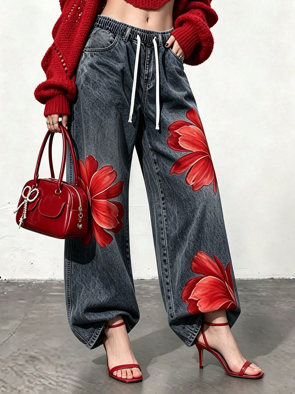 Fashionjeans women's drawstring waist red flower printing distressed gray black wide leg jogger pants cross-border casual women's clothing new arrival