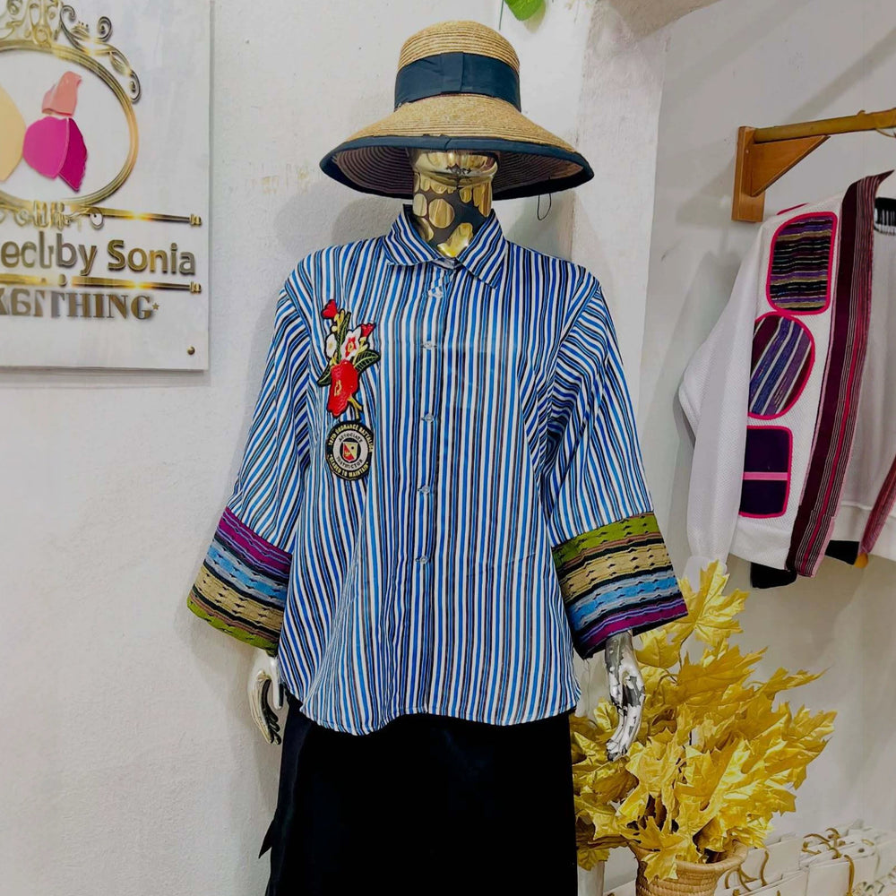 European and american cross-border women's fashion:  summer new arrival - stylish and elegant turn-down collar, loose fit, plus size, striped patchwork shirt top