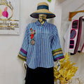 European and american cross-border women's fashion:  summer new arrival - stylish and elegant turn-down collar, loose fit, plus size, striped patchwork shirt top