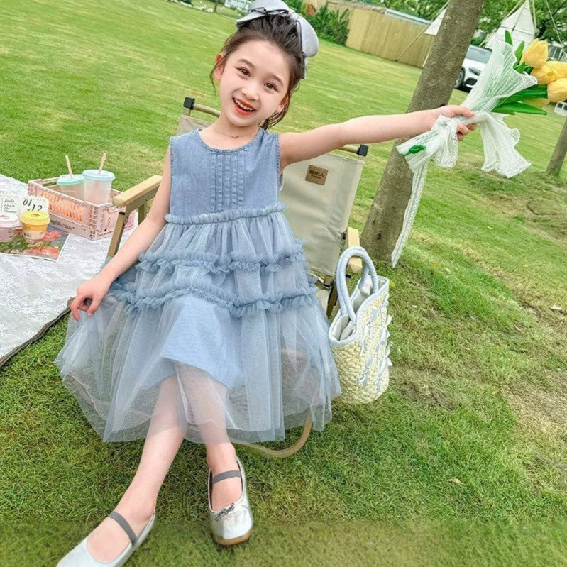 Girls' summer denim & mesh patchwork dress - sleeveless tank top style cake tutu dress for kids