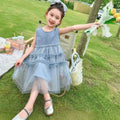 Girls' summer denim & mesh patchwork dress - sleeveless tank top style cake tutu dress for kids