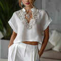 Amazon european cotton linen casual solid color stand collar shirt women's  summer new slimming short top