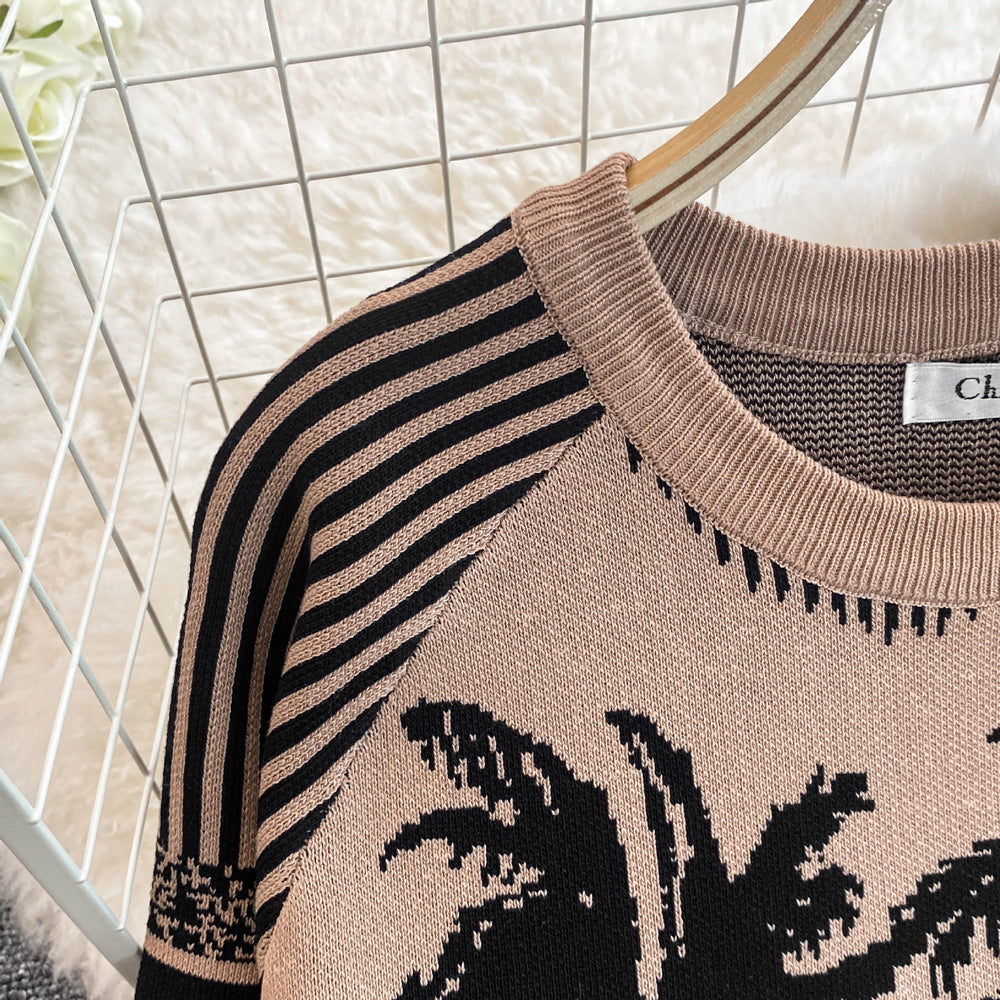Autumn/winter new collection: artistic knitted print two-piece set for women - round neck top + high-waisted wide-leg pants