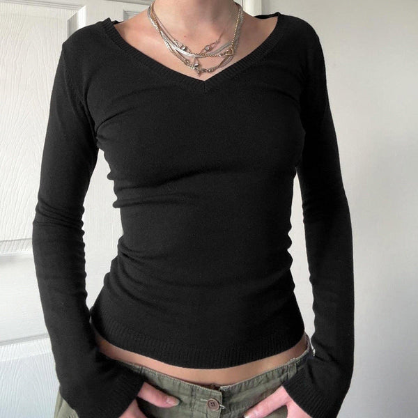 Autumn and winter American simple solid color V-neck sweater bottoming shirt basic T-shirt front shoulder Spice Girl slim-fit versatile sweater top