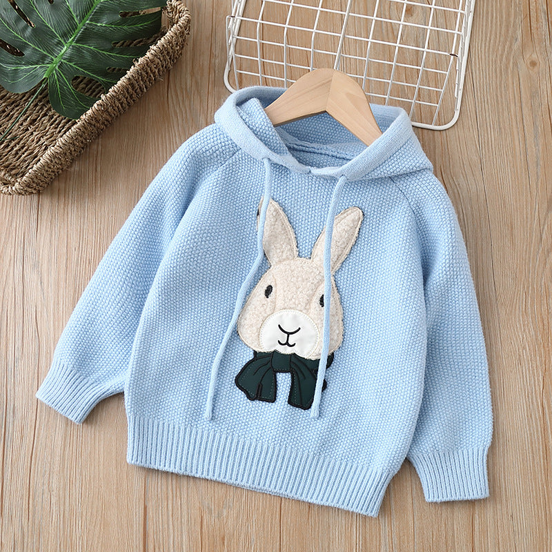 Girls' hooded sweater -  autumn/winter collection - rabbit design, versatile knit pullover, fleece-lined, thickened, pullover sweatshirt