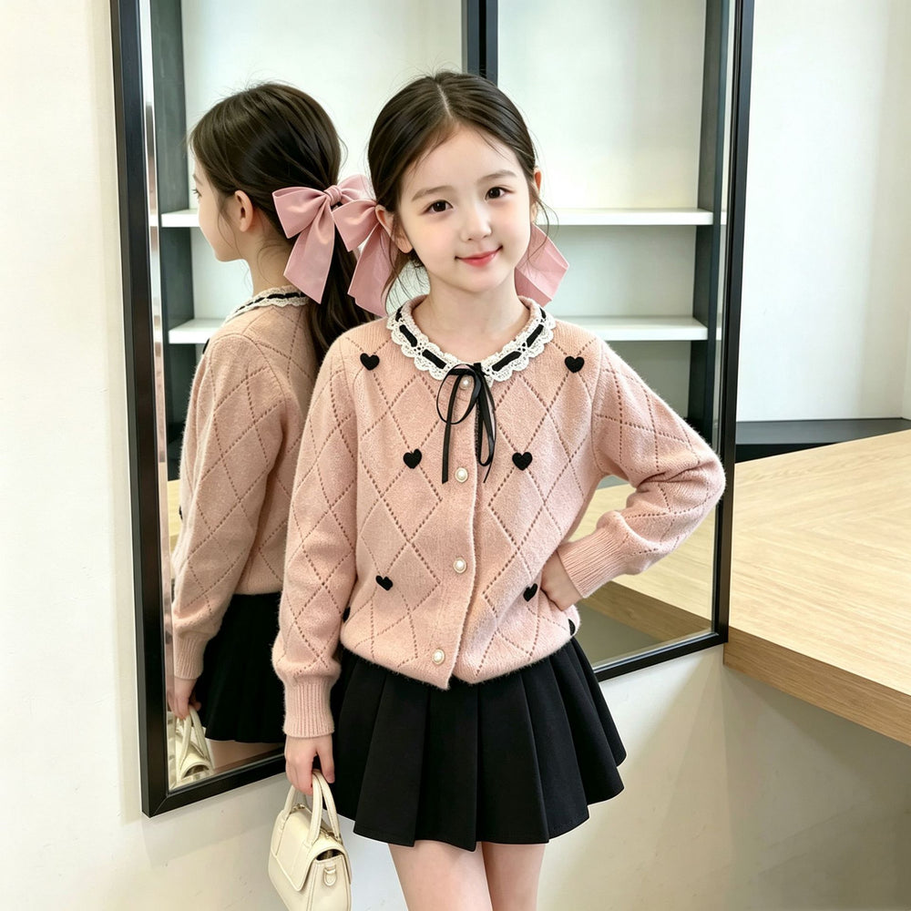 Girls' outfit:  autumn/winter new collection - skirt set with round neck, heart-shaped bow, lace knit cardigan, and stylish two-piece design