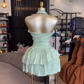 European and american women's clothing 2020 autumn new sweet and fresh plaid halter neck tube top backless high waist slimming pleated skirt