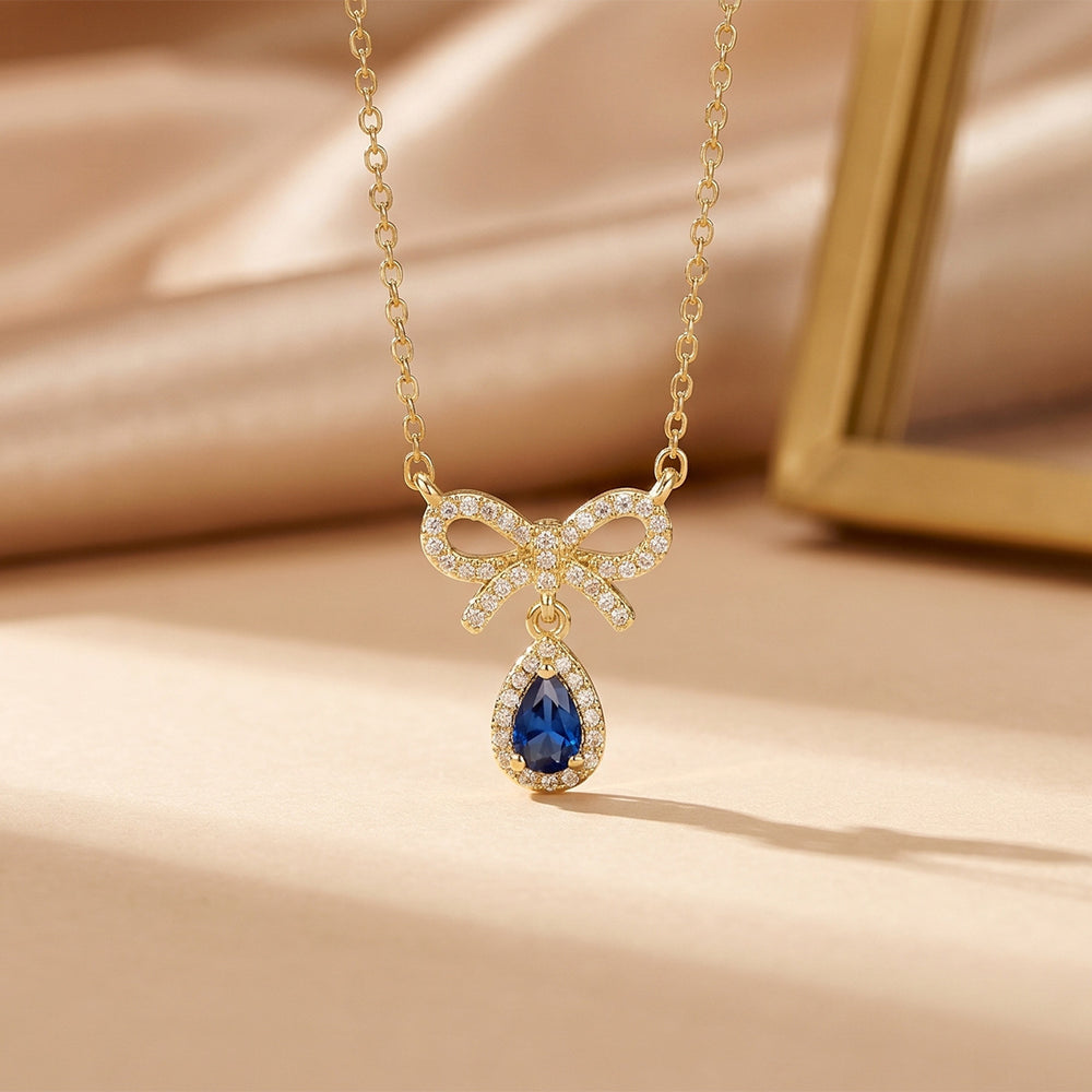 Popular popular smart sweet bow water drop necklace accessible luxury niche women's inlaid zirconium non-fading clavicle chain jewelry
