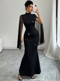 european and american women's clothing: spring/autumn stand collar sparkling cape patchwork bodycon evening gown