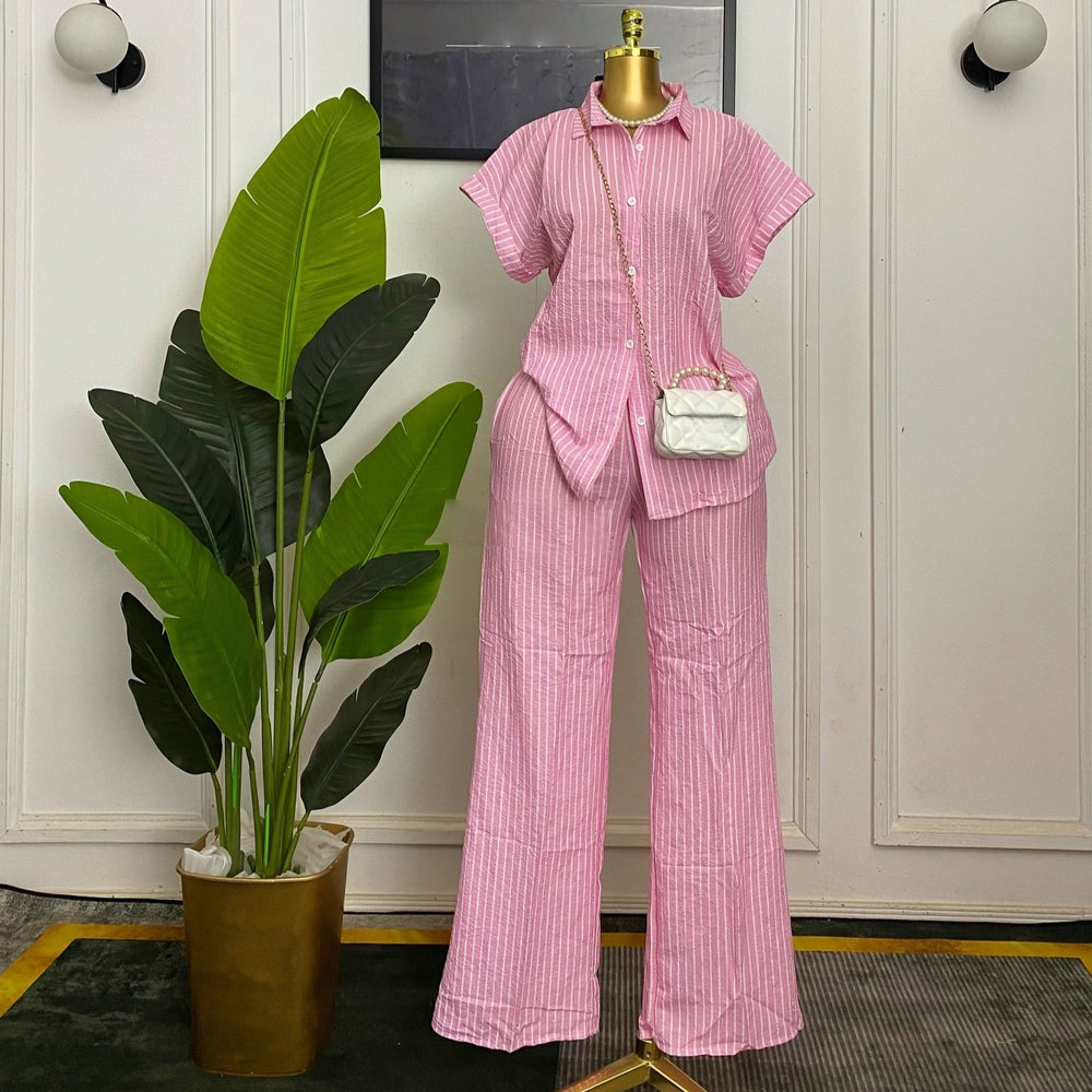 European and american cross-border women's fashion  summer new arrival: elegant sweet pink short-sleeve striped shirt and wide-leg pants set