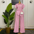 European and american cross-border women's fashion  summer new arrival: elegant sweet pink short-sleeve striped shirt and wide-leg pants set