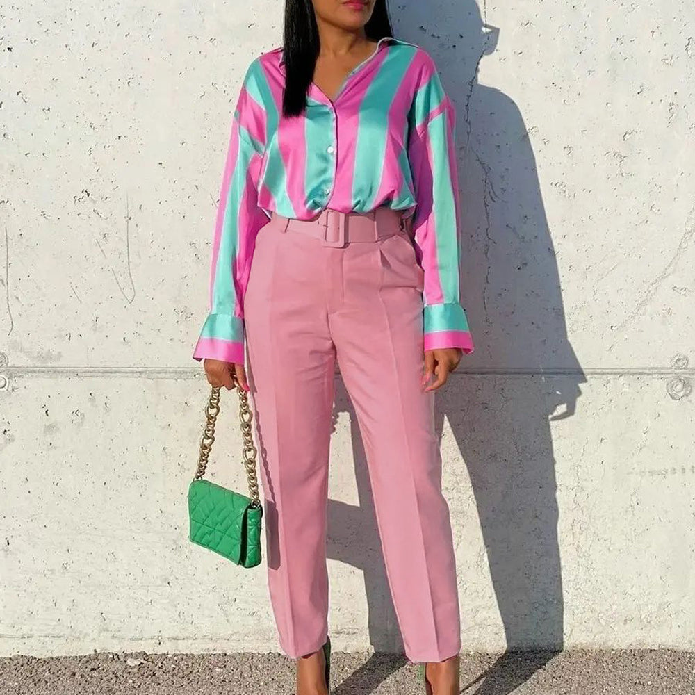 Belted european and american style women's clothing  spring new fashion plus size slimming high waist casual skinny pants foreign trade suit pants