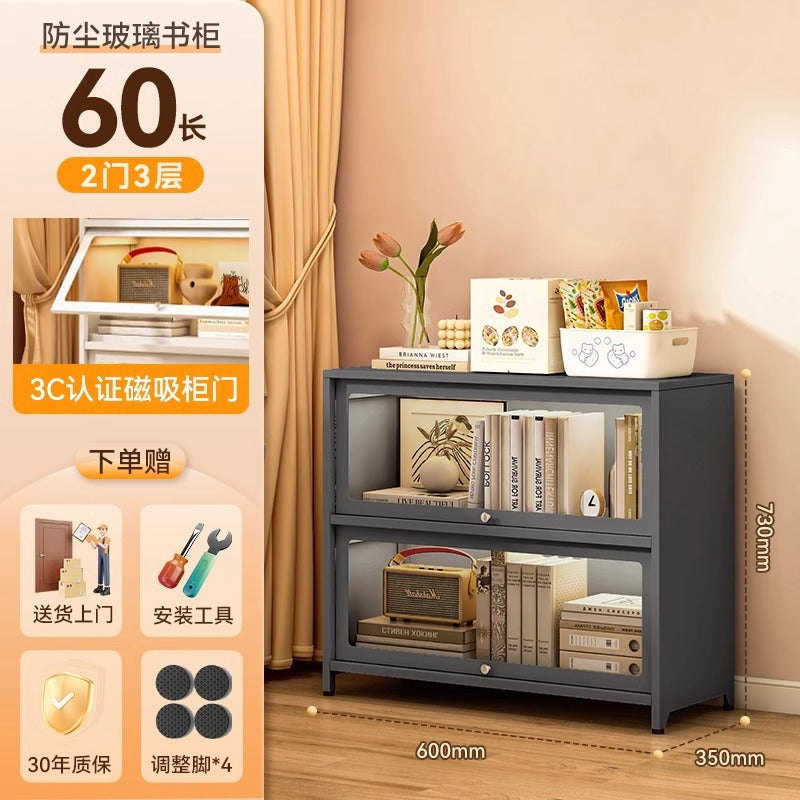 Steel bookcase with glass doors, kids' bookshelf, home living room storage cabinet, dustproof display cabinet, iron art shelf