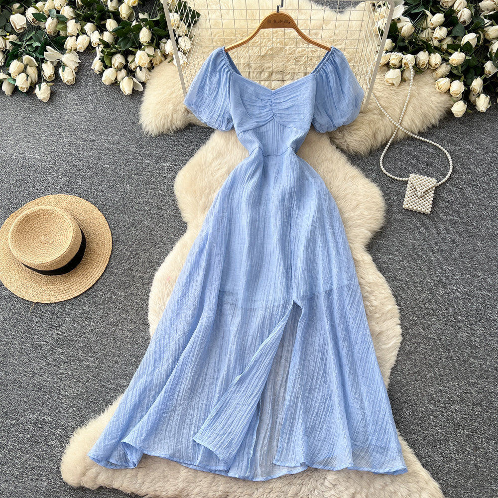 Lady style yellow casual puff sleeve dress women's summer lazy square neck waist slimming look a-line long skirt