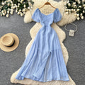 Lady style yellow casual puff sleeve dress women's summer lazy square neck waist slimming look a-line long skirt