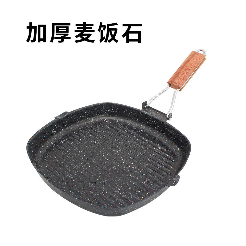 Household outdoor steak frying pan medical stone foldablethickenedstripesflats pot non-stick pan fried egg multifunctional pot