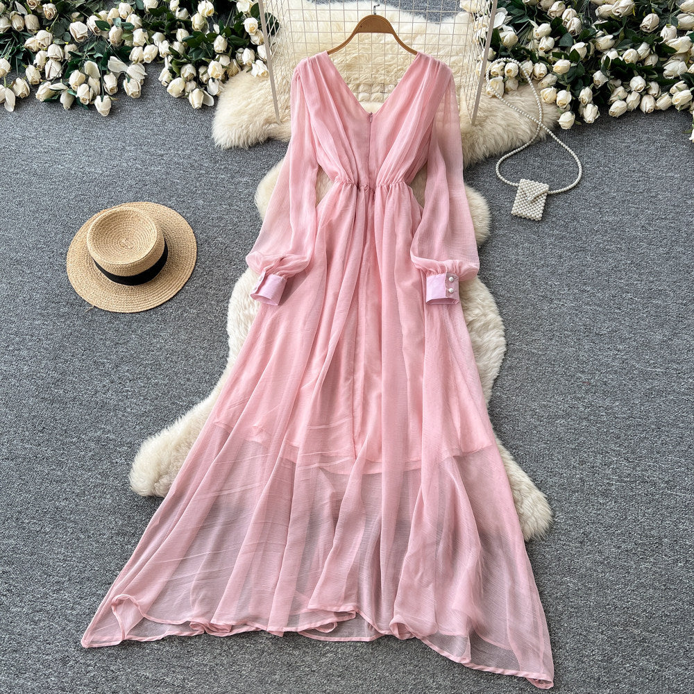 Elegant v-neck lantern sleeve dress - korean style, diamond embellished, slimming, and graceful maxi dress