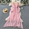 Elegant v-neck lantern sleeve dress - korean style, diamond embellished, slimming, and graceful maxi dress