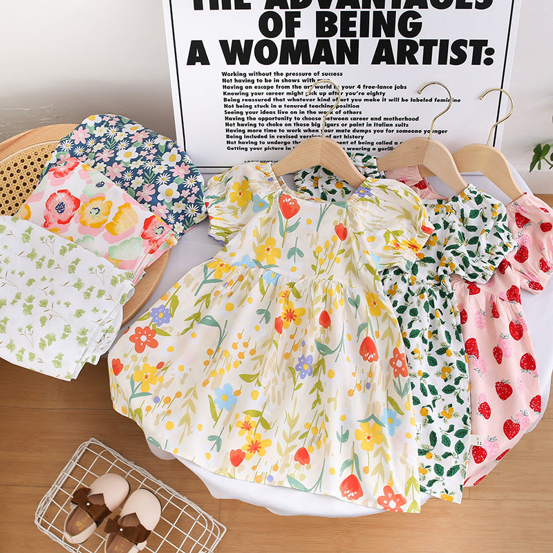 【matching family outfits】girls' cotton silk floral dress - princess style, stylish print, and puff sleeve skirt
