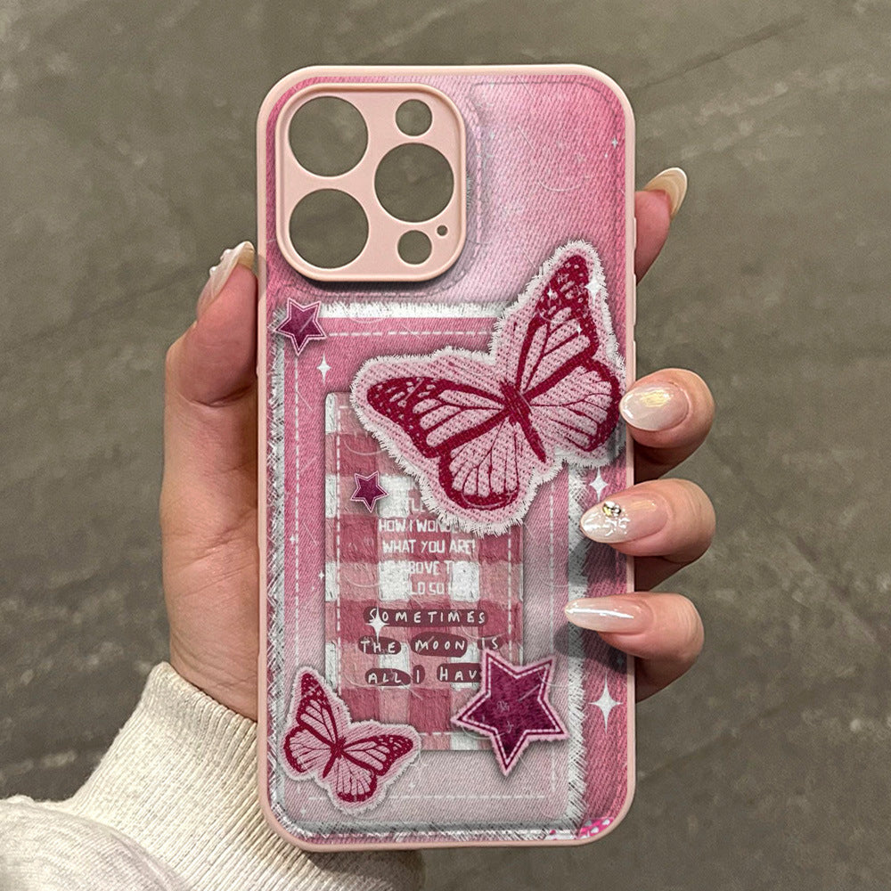 Pink denim embroidered butterfly phone case for iphone 17 & 16 - shockproof leather texture soft case - wholesale for women