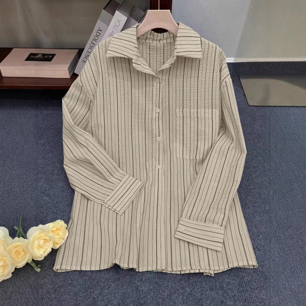 Amazon fashion cross-border women's retro vertical stripesloose lapel shirt lazy style casuallong sleevesshirt