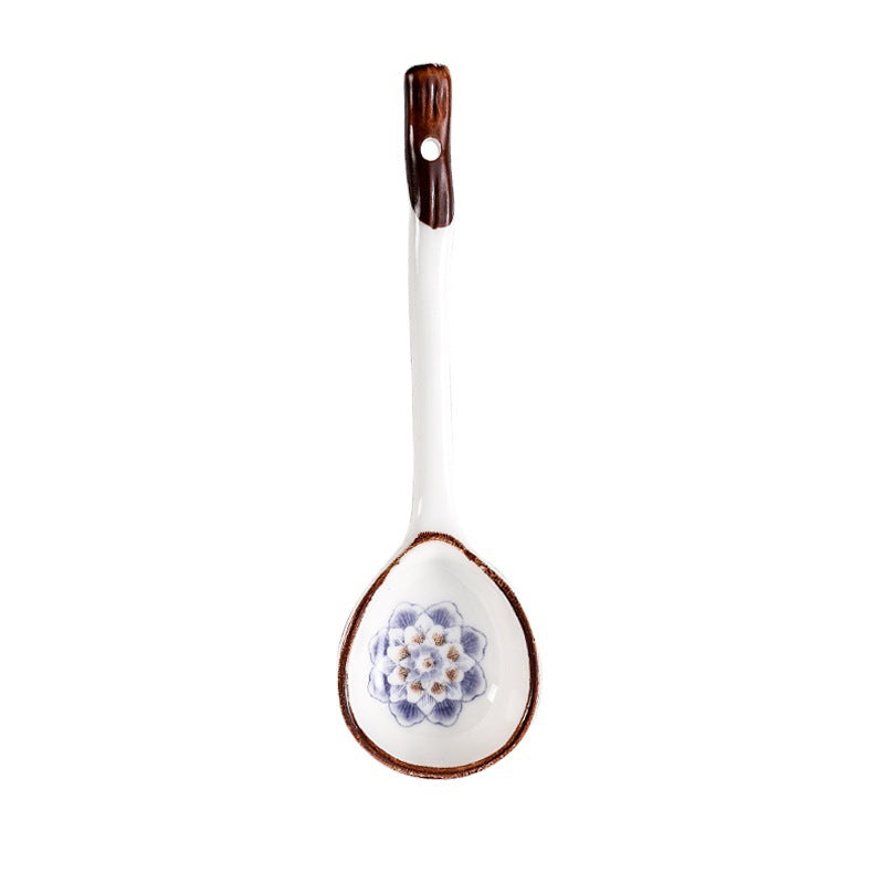 Japanese ceramic long-handled spoon - hand-painted cute creative cartoon dessert spoon - household ramen spoon - soup spoon