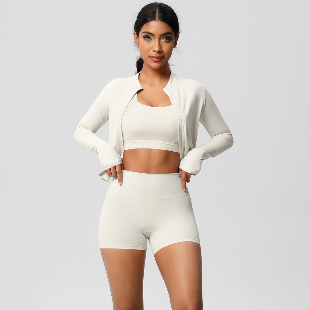 European and american solid color brushed fleece compression quick-dry yoga set - short length cloud-like outdoor running fitness activewear three-piece set