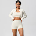 European and american solid color brushed fleece compression quick-dry yoga set - short length cloud-like outdoor running fitness activewear three-piece set