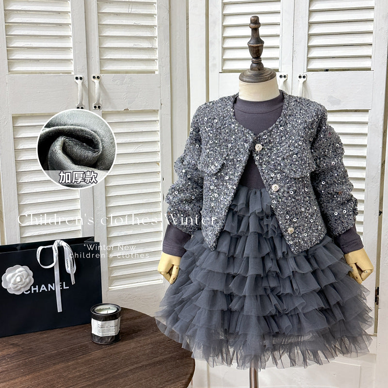 Girls' outfit set -  winter collection: stylish sequin two-piece set with quilted jacket and fleece-lined dress