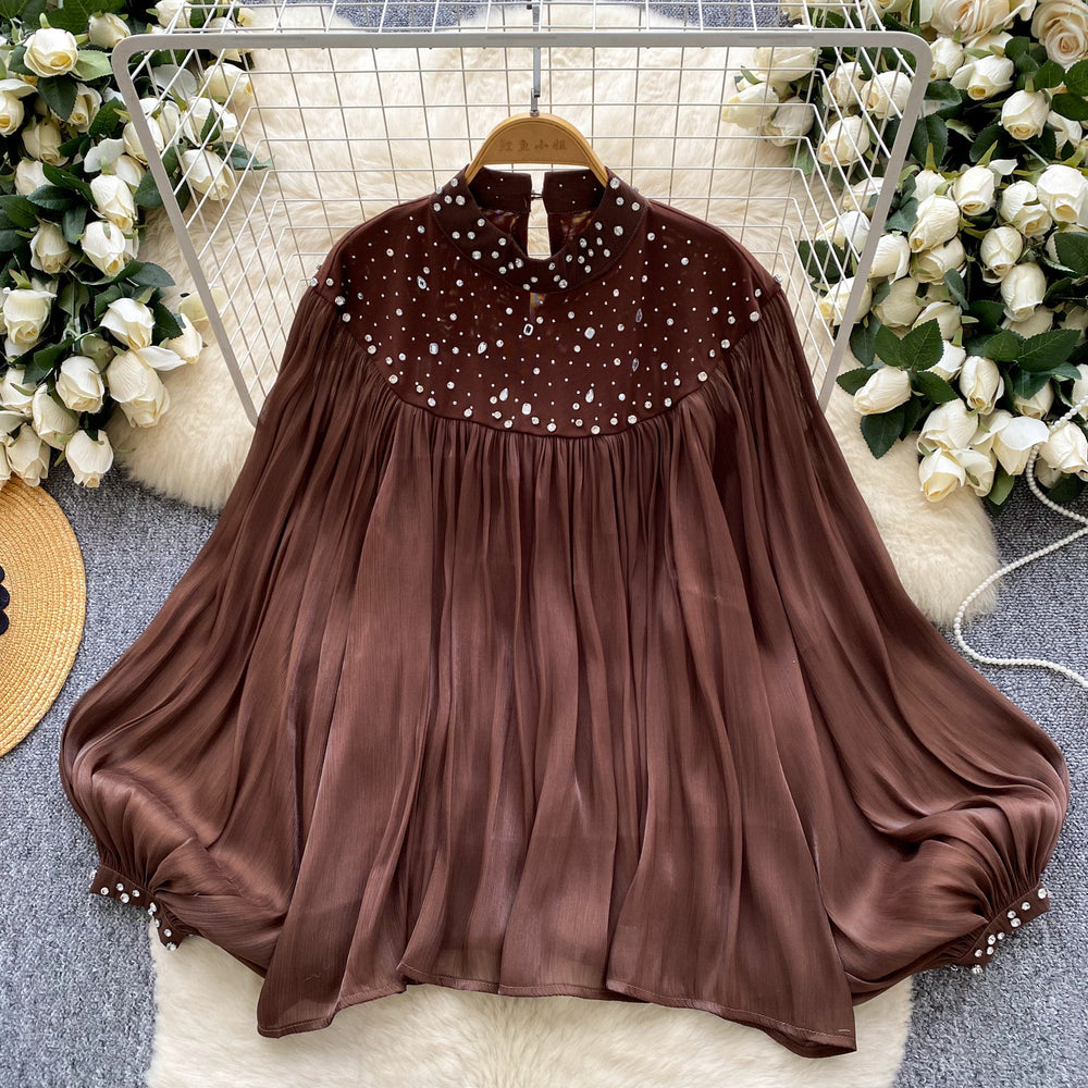 French style palace style heavy industry hot diamond mesh patchwork lantern sleeve streamer mesh shirt loose flesh-covering tops
