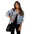 Fashion cross-border independent station  new leopard print fashion printing stitching ripped denim topscasualoutwear