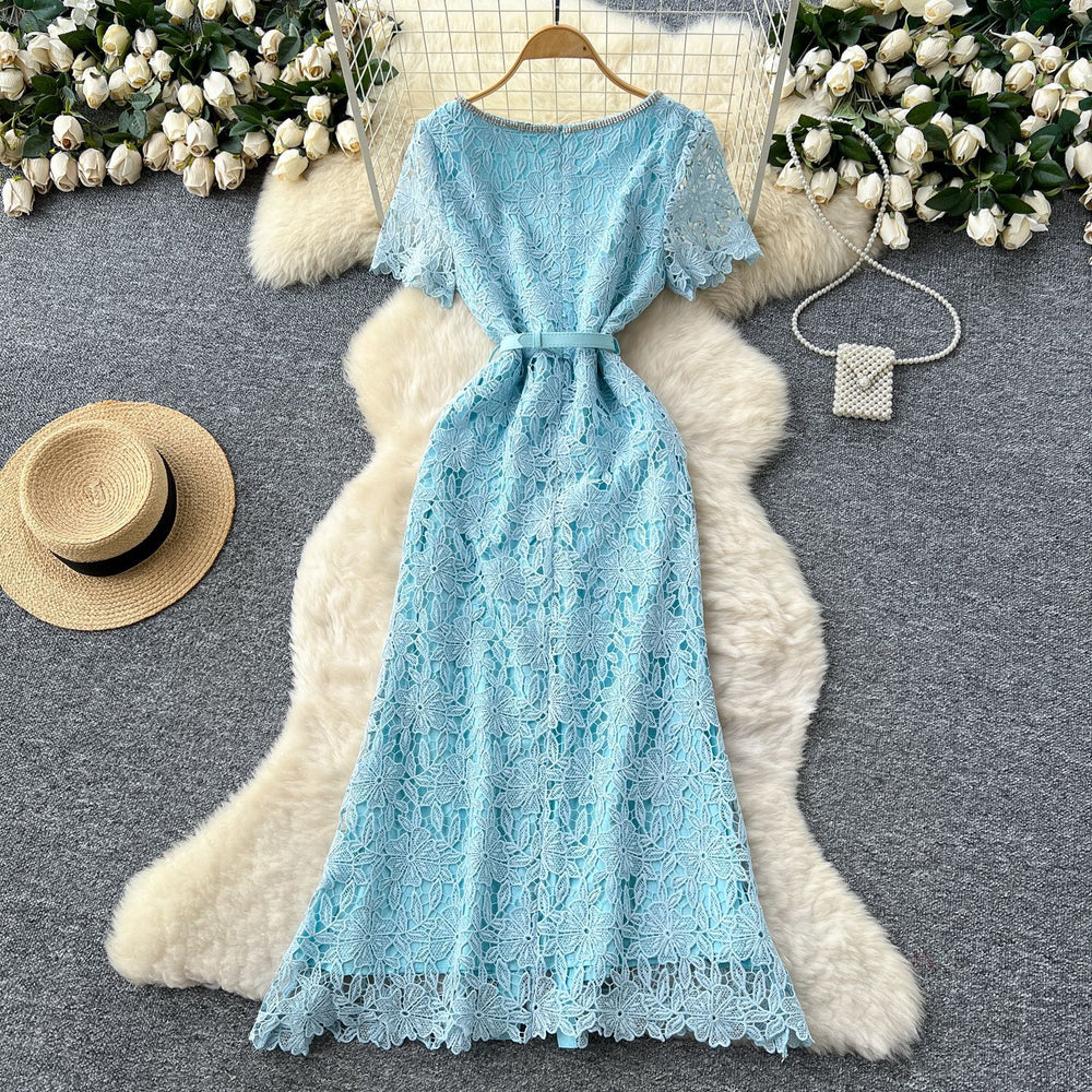 French chic high-end embellished square neck short sleeve lace dress - women's summer slim fit maxi dress