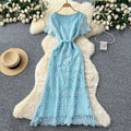 French chic high-end embellished square neck short sleeve lace dress - women's summer slim fit maxi dress