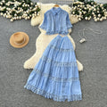 French retro court style two-piece set: women's loose-fit crochet lace patchwork short-sleeve top and high-waisted midi skirt