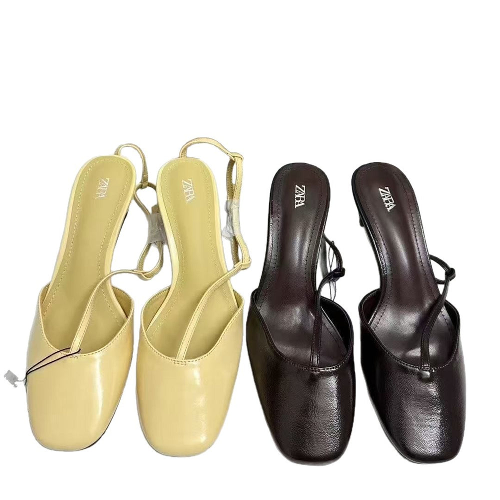 Za2025summer new round toe high heels stiletto toe cap flats sandals back strap buckle hollow women's flats