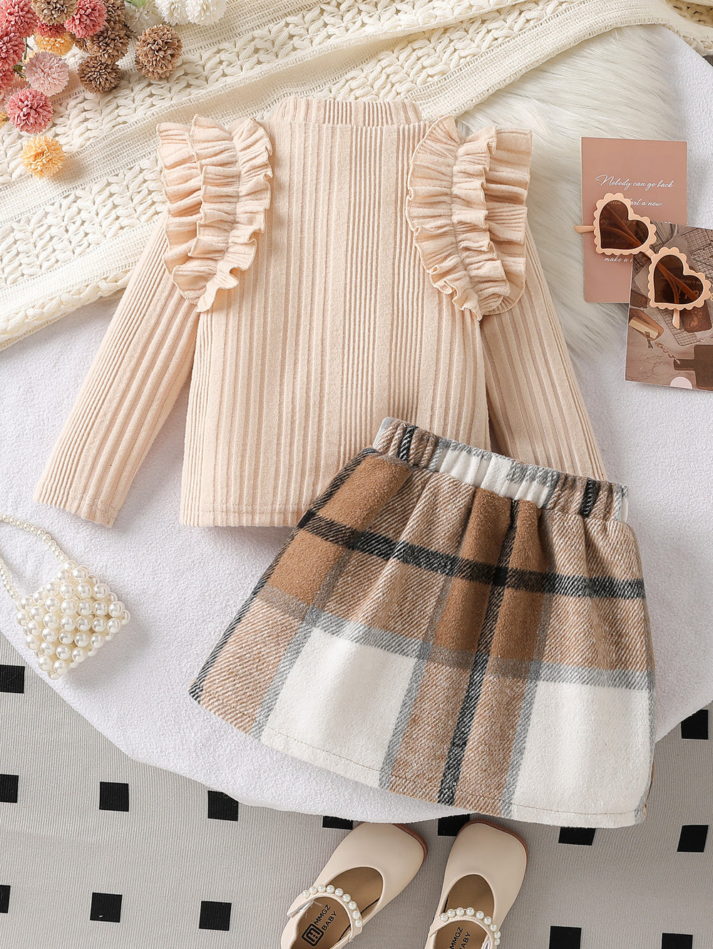 autumn new arrival: round neck ruffle trim princess sleeve top + plaid skirt two-piece set