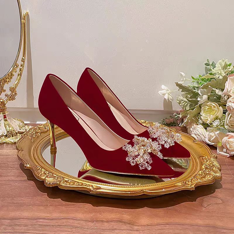 Wedding shoes women's 2025 new arrival stiletto heel bridal shoes pointed toe red wedding dress toasting high heels