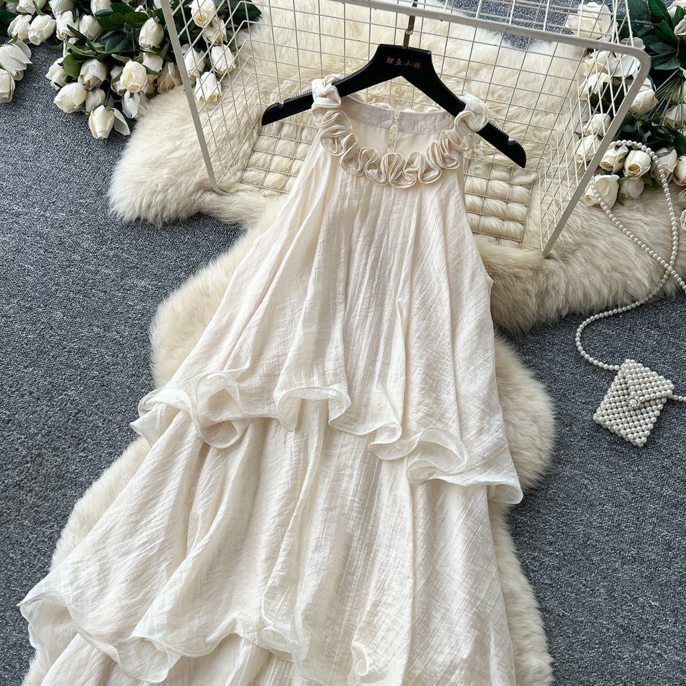 French halter sleeveless pure desire dress women's summer  new arrival vacation style white cake skirt elegant long skirt
