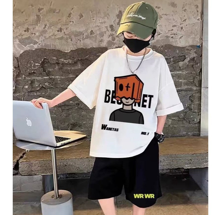White, 100% cotton boys' short-sleeve t-shirt - summer  new arrival - relaxed fit, casual cartoon print, kids' half-sleeve tee 014